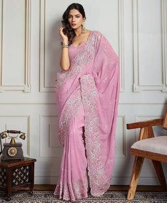 Pink floral embroidered heavy work saree with unstitched blouse 1