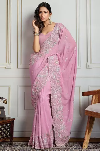 Pink floral embroidered heavy work saree with unstitched blouse