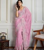 Pink floral embroidered heavy work saree with unstitched blouse