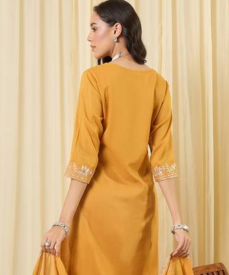 Mustard embroidered pure cotton kurta trouser dupatta set 2