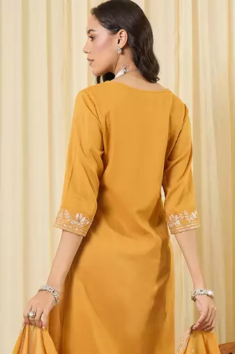 Mustard embroidered pure cotton kurta trouser dupatta set