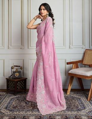 Pink floral embroidered heavy work saree with unstitched blouse 2