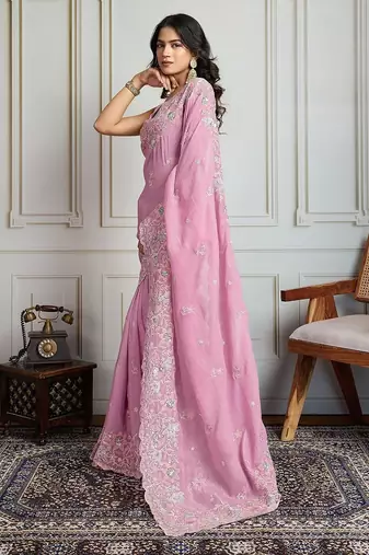 Pink floral embroidered heavy work saree with unstitched blouse