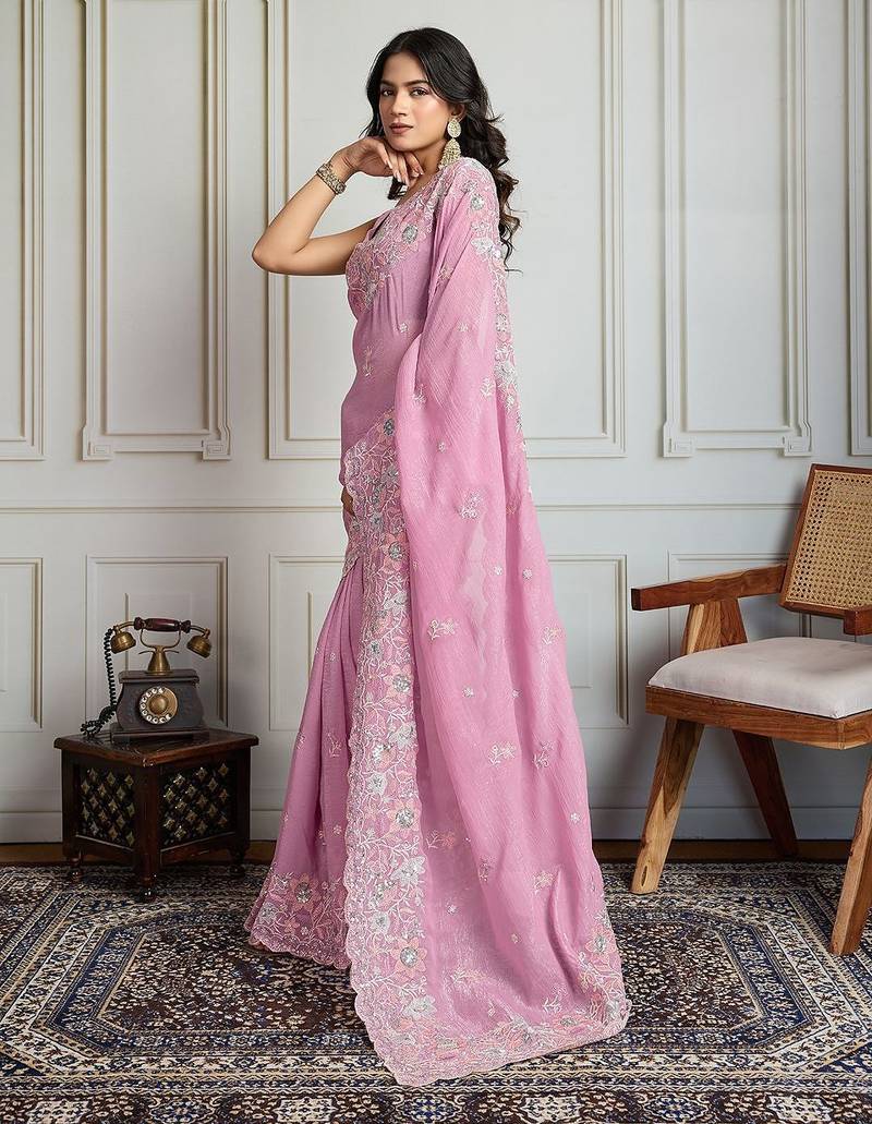 Pink floral embroidered heavy work saree with unstitched blouse