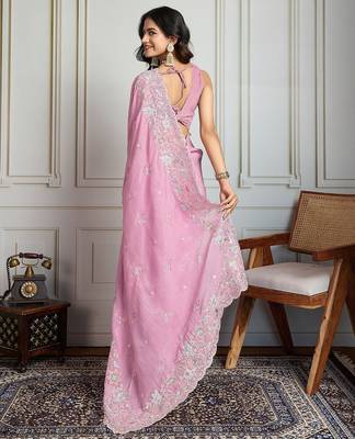 Pink floral embroidered heavy work saree with unstitched blouse 3