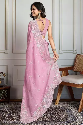 Pink floral embroidered heavy work saree with unstitched blouse