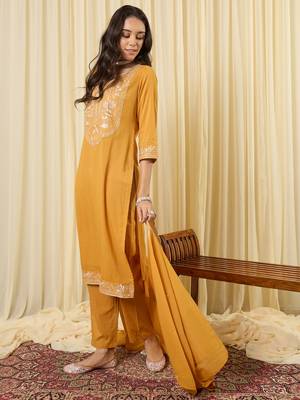 Mustard embroidered pure cotton kurta trouser dupatta set 3