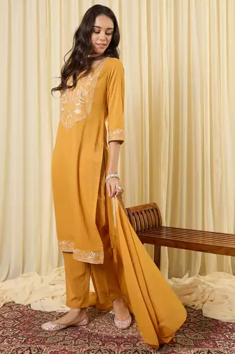 Mustard embroidered pure cotton kurta trouser dupatta set