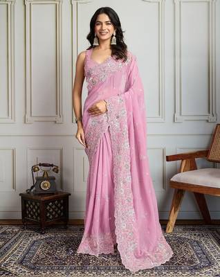 Pink floral embroidered heavy work saree with unstitched blouse 4