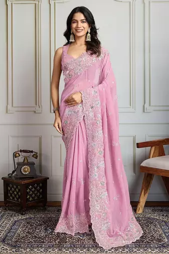 Pink floral embroidered heavy work saree with unstitched blouse
