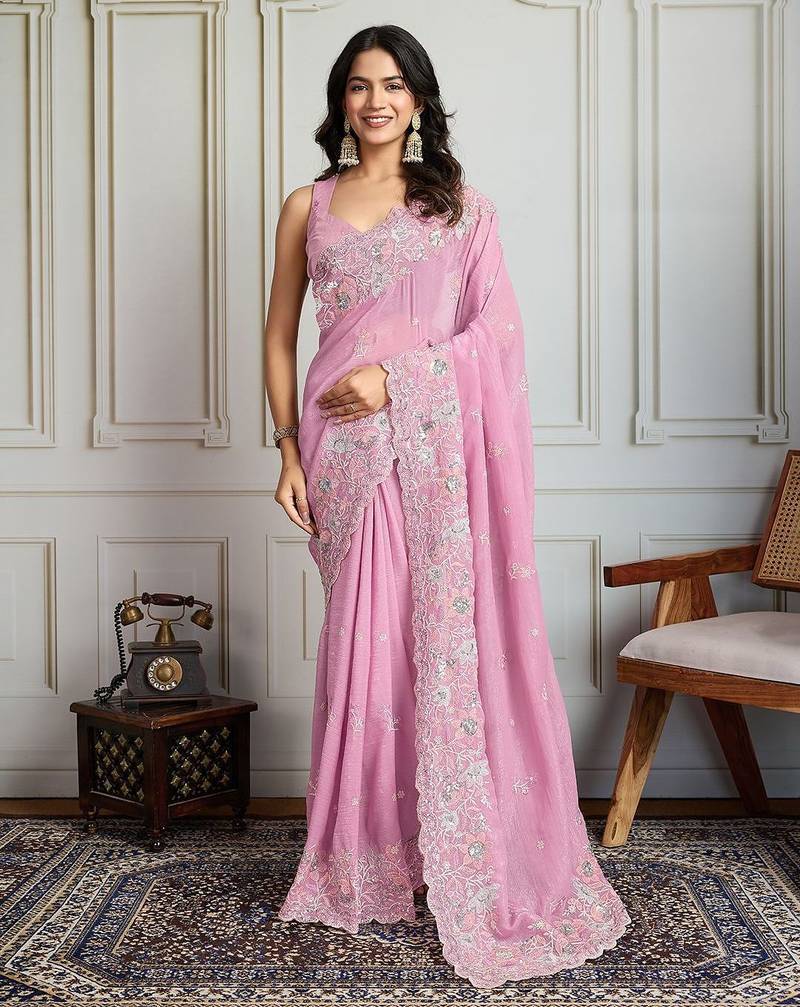 Pink floral embroidered heavy work saree with unstitched blouse