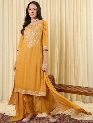 Mustard embroidered pure cotton kurta trouser dupatta set 4