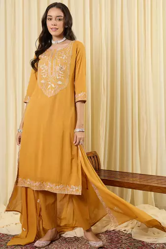 Mustard embroidered pure cotton kurta trouser dupatta set