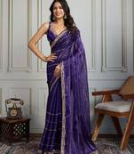 Purple striped sequinned saree with with embroidered border & stitched blouse