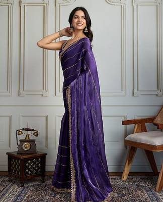 Purple striped sequinned saree with with embroidered border & stitched blouse 2