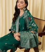 Green embroidered silk blend kurta trouser dupatta set