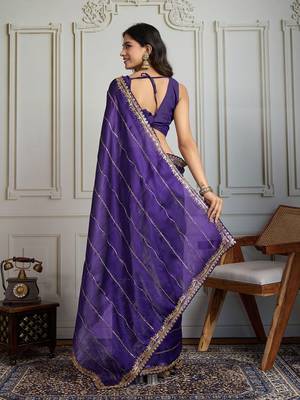 Purple striped sequinned saree with with embroidered border & stitched blouse 3