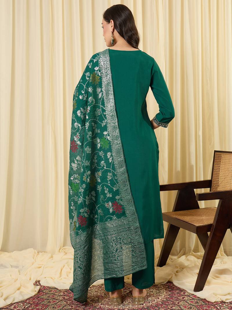 Green embroidered silk blend kurta trouser dupatta set