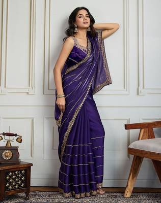 Purple striped sequinned saree with with embroidered border & stitched blouse 4