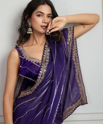 Purple striped sequinned saree with with embroidered border & stitched blouse 5