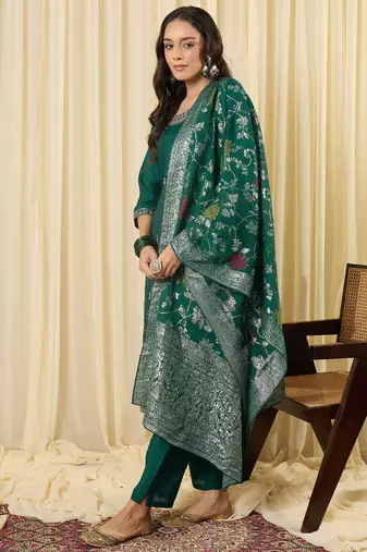 Green embroidered silk blend kurta trouser dupatta set
