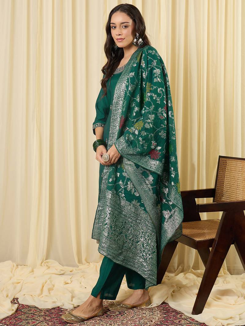 Green embroidered silk blend kurta trouser dupatta set