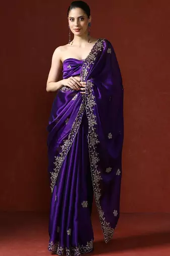 Purple embroidered sarees with blouse piece