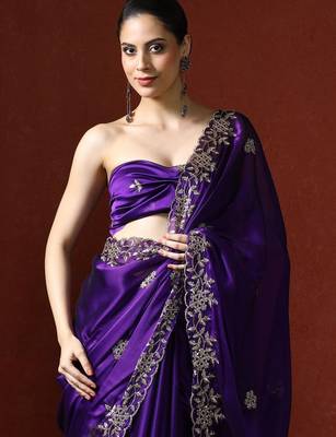 Purple embroidered sarees with blouse piece 2