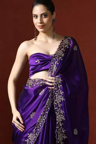 Purple embroidered sarees with blouse piece