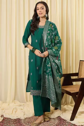 Green embroidered silk blend kurta trouser dupatta set