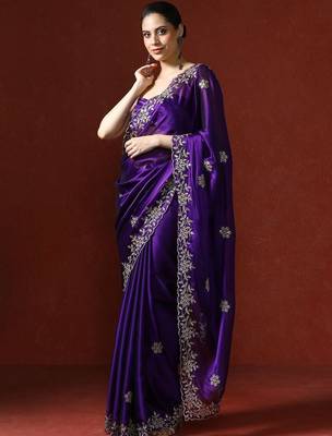 Purple embroidered sarees with blouse piece 3