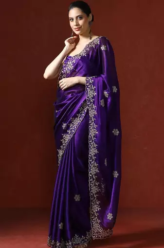 Purple embroidered sarees with blouse piece