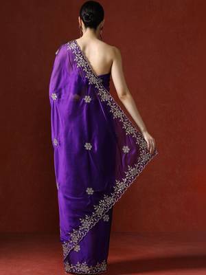 Purple embroidered sarees with blouse piece 4