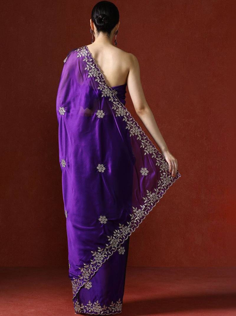 Purple embroidered sarees with blouse piece