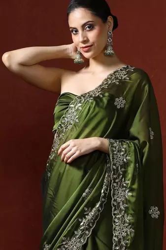 Green embroidered sarees with blouse piece
