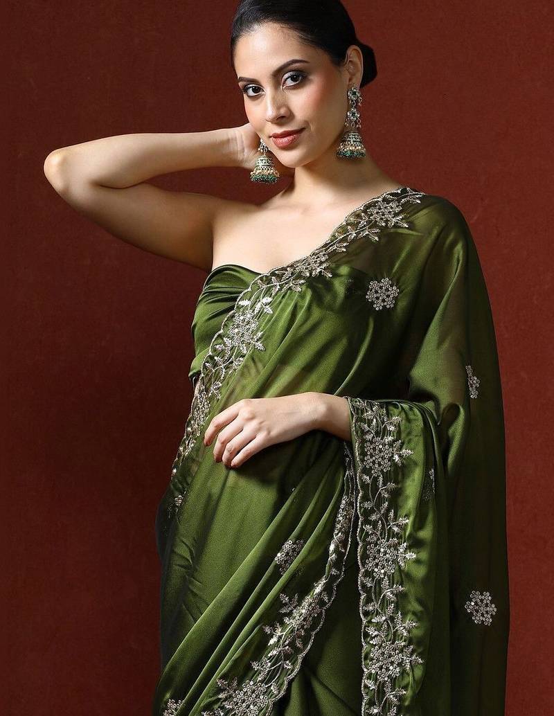Green embroidered sarees with blouse piece
