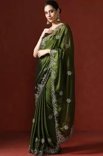 Green embroidered sarees with blouse piece