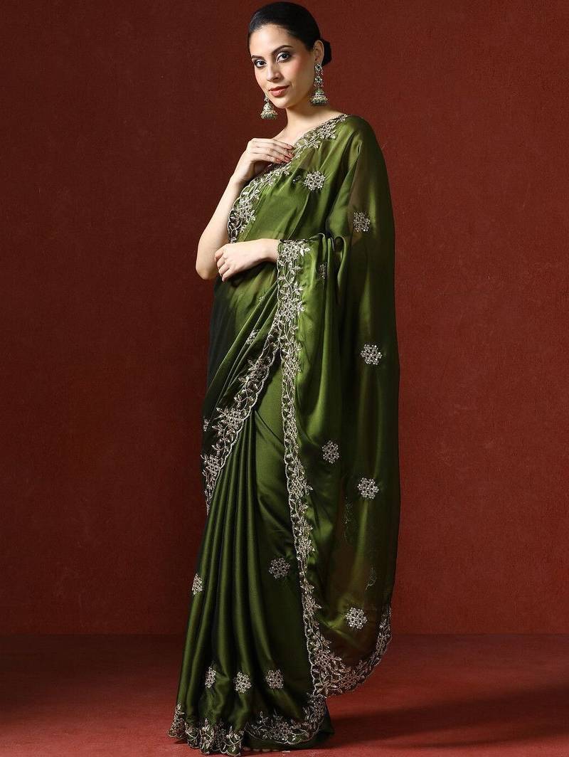 Green embroidered sarees with blouse piece