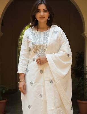 Off white embroidered pure cotton kurta trouser dupatta set 1