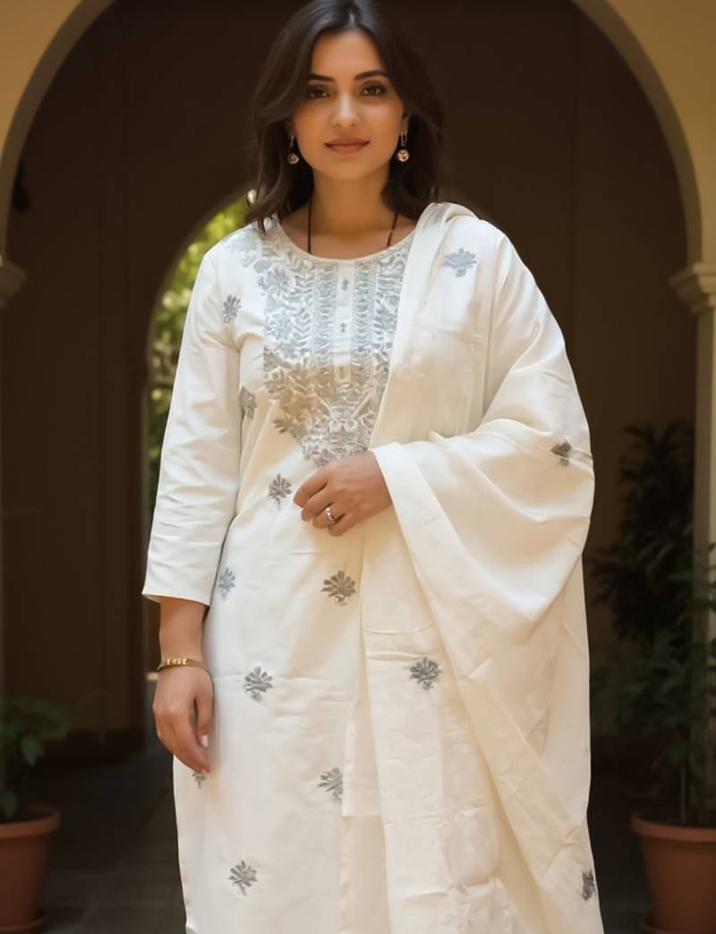 Off white embroidered pure cotton kurta trouser dupatta set