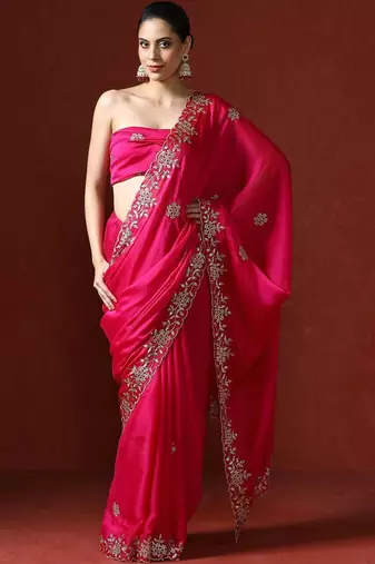 Pink embroidered sarees with blouse piece