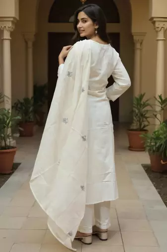 Off white embroidered pure cotton kurta trouser dupatta set
