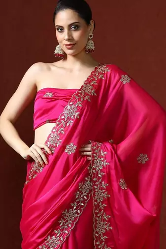 Pink embroidered sarees with blouse piece