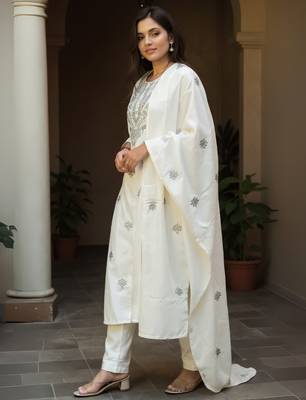 Off white embroidered pure cotton kurta trouser dupatta set 3