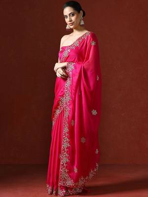 Pink embroidered sarees with blouse piece 3