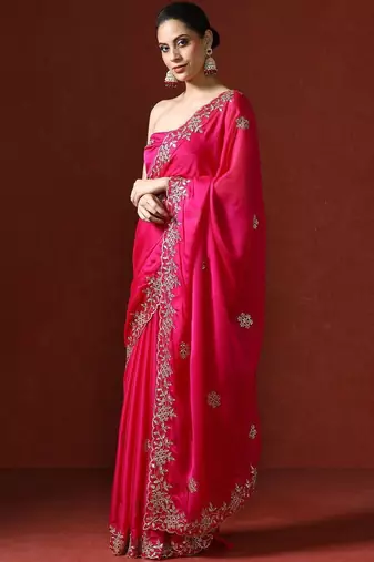 Pink embroidered sarees with blouse piece