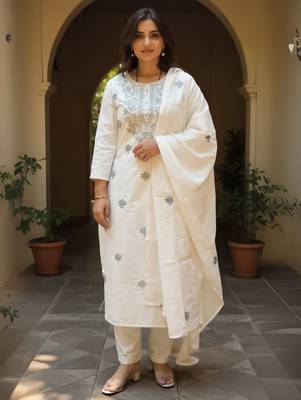 Off white embroidered pure cotton kurta trouser dupatta set 4