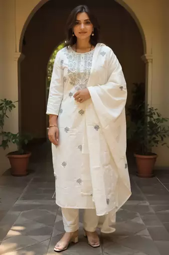 Off white embroidered pure cotton kurta trouser dupatta set