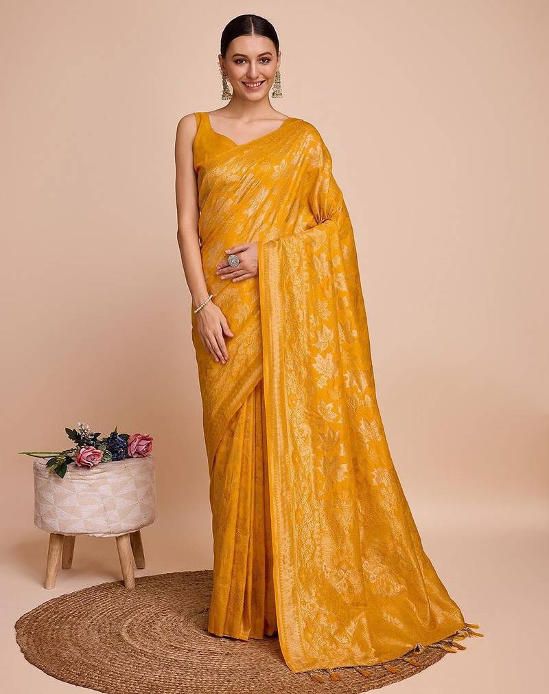 Yellow woven design embellished zari art silk kanjivaram saree