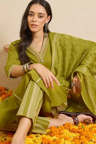 Green printed pure cotton kurta trouser dupatta set